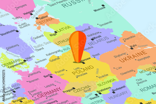 Poland with orange placeholder pin on europe map, close up Poland, vacation concept, travel idea, colorful map with location icon