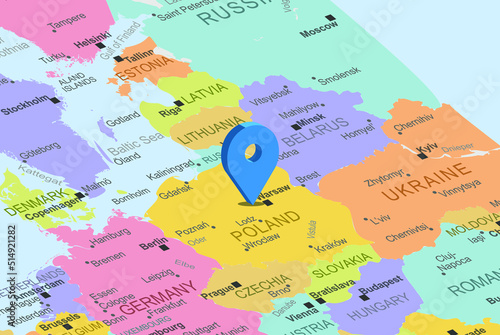 Poland with blue placeholder pin on europe map, close up Poland, colorful map with location icon, travel idea, vacation concept