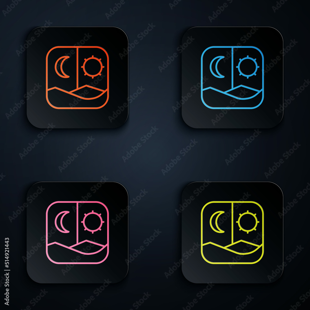 Color neon line Ramadan fasting icon isolated on black background. Fast day and night. Religious fasting. Set icons in square buttons. Vector Color neon line Ramadan fasting icon isolated on black background. Fast day and night. Religious fasting. Set icons in square buttons. Vector