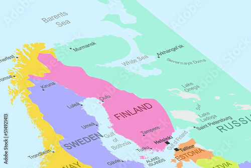 Finland in the middle of europe map, close up Finland, travel idea, destination, vacation concept, colorful map © Hakan