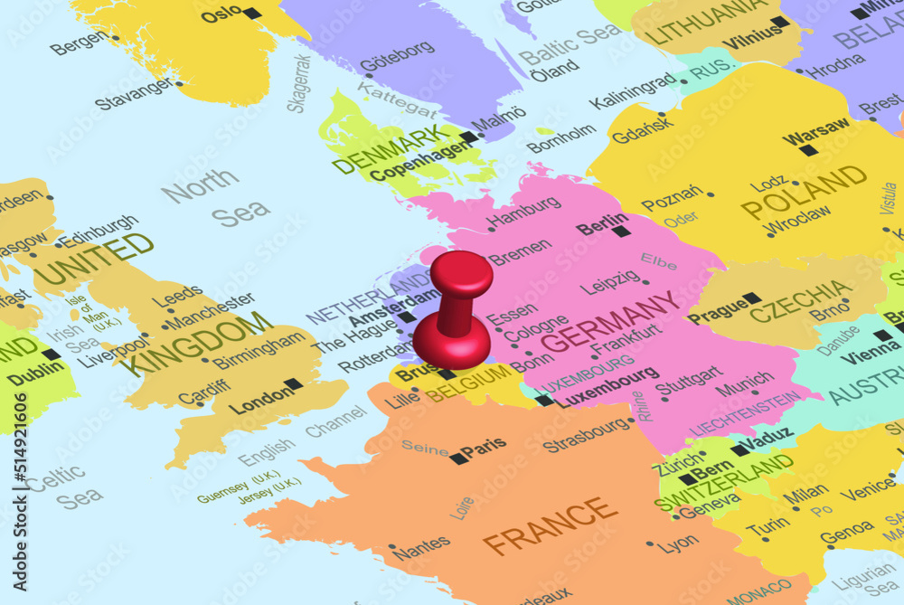 Belgium with red fastener pushpin on europe map, close up Belgium, travel idea, colorful map with location icon, vacation concept