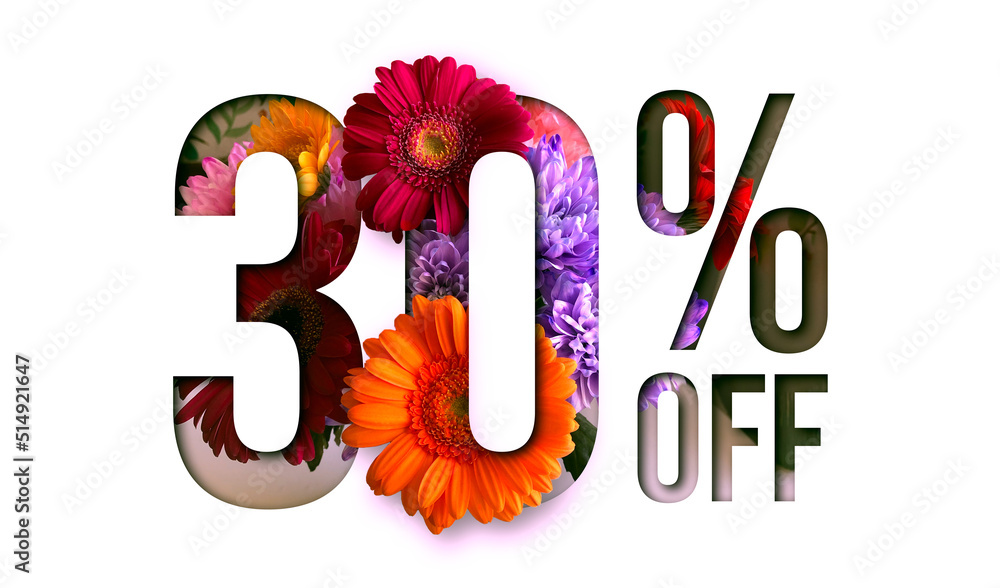Flowers spring sale 30 percent off. Paper cut with flowers and leaves sale 30% on white background. Unique selling background for flyer, poster, shopping, for symbol sign, discount, selling, banner. - obrazy, fototapety, plakaty 