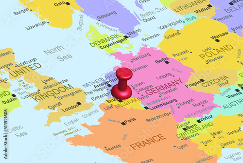 Belgium with red fastener pushpin on europe map, close up Belgium, travel idea, colorful map with location icon, vacation concept