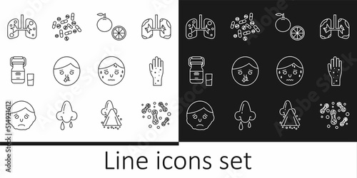 Set line Bacteria, Hand with psoriasis or eczema, Orange fruit, Runny nose, Can container for milk, Lungs, Man excessive sweating and Medicine pill tablet icon. Vector