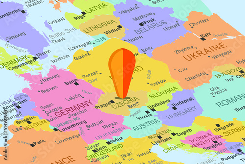 Czechia with orange placeholder pin on europe map, close up Czechia, vacation concept, travel idea, colorful map with location icon