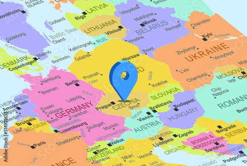 Czechia with blue placeholder pin on europe map, close up Czechia, colorful map with location icon, travel idea, vacation concept