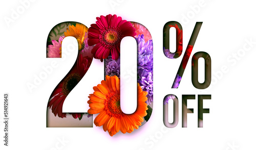 Flowers spring sale 20 percent off. Paper cut with flowers and leaves sale 20% on white background. Unique selling background for flyer, poster, shopping, for symbol sign, discount, selling, banner.