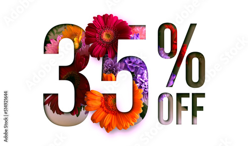Flowers spring sale 35 percent off. Paper cut with flowers and leaves sale 35% on white background. Unique selling background for flyer, poster, shopping, for symbol sign, discount, selling, banner.