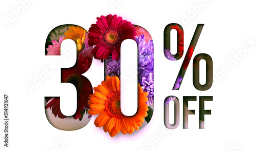 Flowers spring sale 30 percent off. Paper cut with flowers and leaves sale 30% on white background. Unique selling background for flyer, poster, shopping, for symbol sign, discount, selling, banner. photo