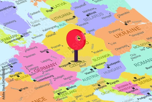 Czechia with red location placeholder on europe map, close up Czechia, colorful map with location icon, travel idea, vacation concept
