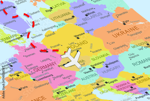 Czechia with plane and dashed line on europe map, close up Czechia, vacation concept, fly destination, travel idea, colorful map with plane icon