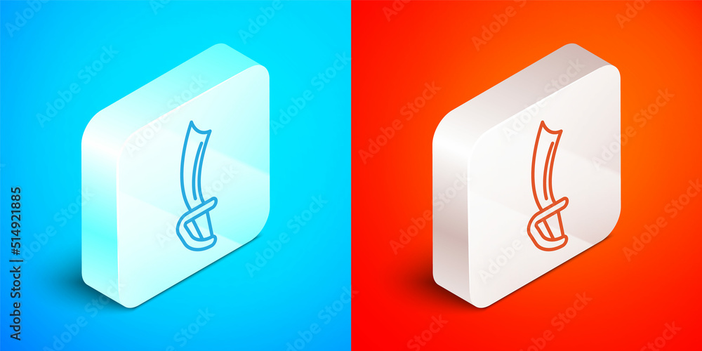 Isometric line Pirate sword icon isolated on blue and red background. Sabre sign. Silver square button. Vector Isometric line Pirate sword icon isolated on blue and red background. Sabre sign. Silver square button. Vector