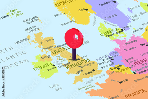 United Kingdom with red location placeholder on europe map, close up United Kingdom, colorful map with location icon, travel idea, vacation concept