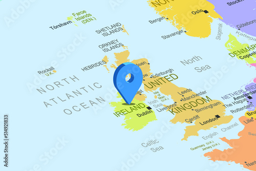Ireland with blue placeholder pin on europe map, close up Ireland, colorful map with location icon, travel idea, vacation concept