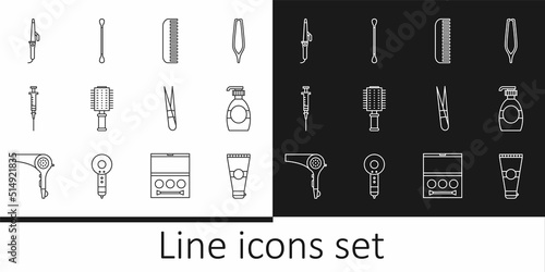 Set line Lotion cosmetic tube, Bottle of liquid soap, Hairbrush, Syringe, Curling iron, Eyebrow tweezers and Cotton swab for ears icon. Vector