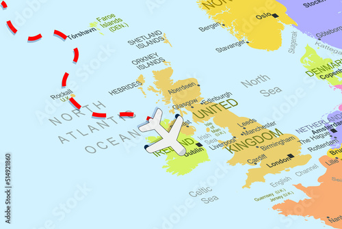 Ireland with plane and dashed line on europe map, close up Ireland, vacation concept, fly destination, travel idea, colorful map with plane icon