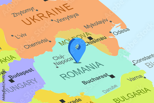 Romania with blue placeholder pin on europe map, close up Romania, colorful map with location icon, travel idea, vacation concept