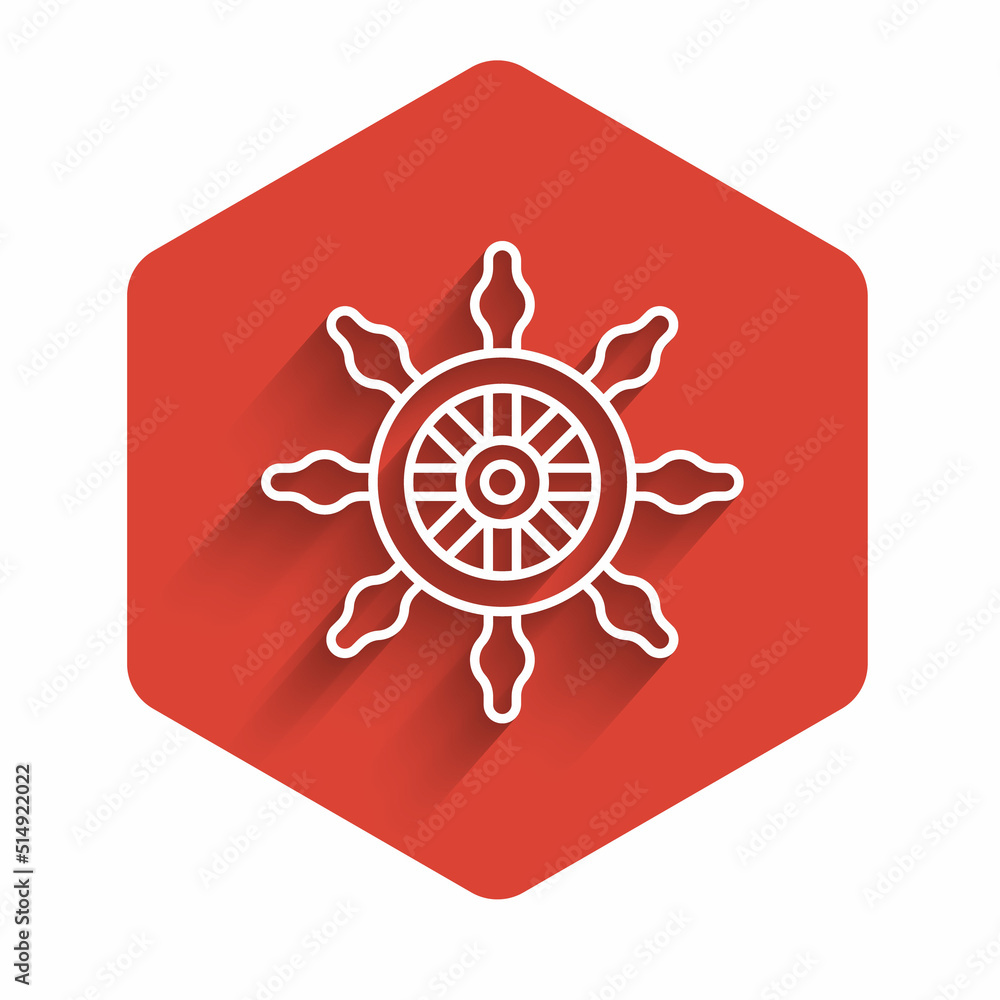 White line Ship steering wheel icon isolated with long shadow background. Red hexagon button. Vector White line Ship steering wheel icon isolated with long shadow background. Red hexagon button. Vector
