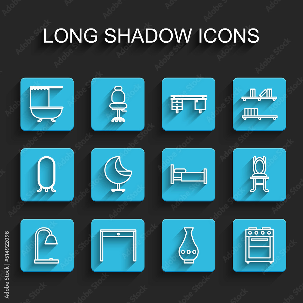 Set line Table lamp, Wooden table, Bathtub with shower curtain, Vase, Oven, Armchair, Chair and Bed icon. Vector Set line Table lamp, Wooden table, Bathtub with shower curtain, Vase, Oven, Armchair, Chair and Bed icon. Vector