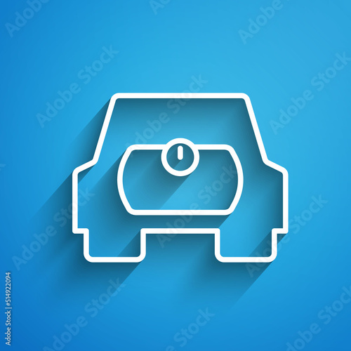 White line Gas tank for vehicle icon isolated on blue background. Gas tanks are installed in a car. Long shadow. Vector
