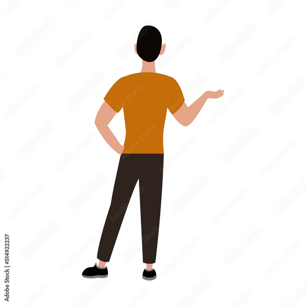Back view young guy in casual clothes vector illustration. Men standing, waving, watching concert or show from behind isolated on white Back view young guy in casual clothes vector illustration. Men standing, waving, watching concert or show from behind isolated on white