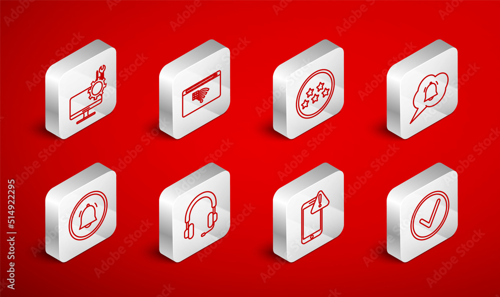 Set line Check mark in circle, No Internet connection, Five stars rating review, Speech bubble chat notification, Mobile with exclamation, Computer monitor service, Headphones and Button icon. Vector Set line Check mark in circle, No Internet connection, Five stars rating review, Speech bubble chat notification, Mobile with exclamation, Computer monitor service, Headphones and Button icon. Vector