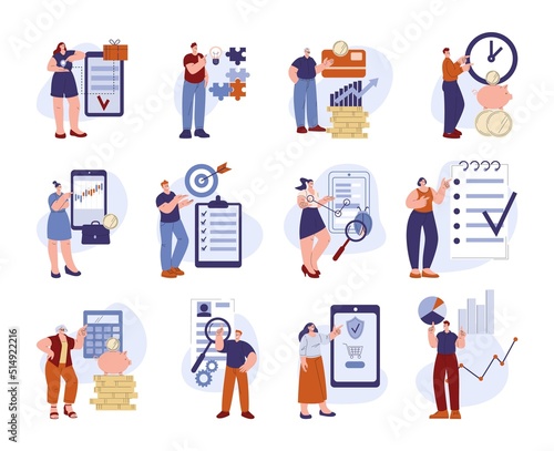 Business people point at time management and financial elements. Accounting, man woman indicate direction at checklist, deadline or store. Kicky smart vector characters