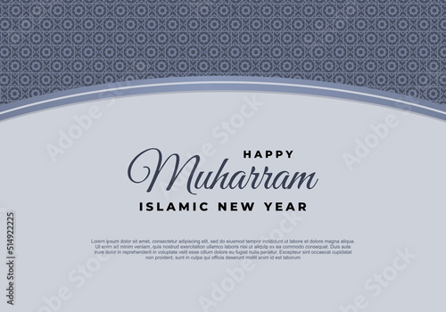 Islamic new year, happy muharram festival greeting card background. With blue islamic ornaments and black lettering on calm color.