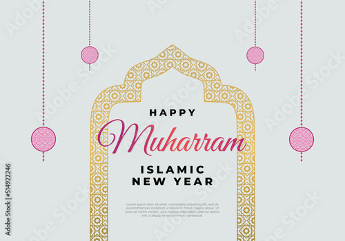 Islamic new year, happy muharram festival greeting card background. With golden islamic ornaments , lettering and pink lantern on grey background.