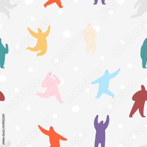 Abstract characters background. Cute yeti, cartoon snowman and giant snowfall. Funny emotional people. Decorative vector seamless pattern for kids cloth, wallpaper © MicroOne
