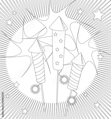  Fireworks colouring page. Activity sheet for children suitable for printable colouring pages or for party invitations or craft cards. EPS10 vector format.
