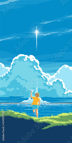 a little boy is holding a model rocket and running with excitement to chase a space rocket that is launching from the farther base.