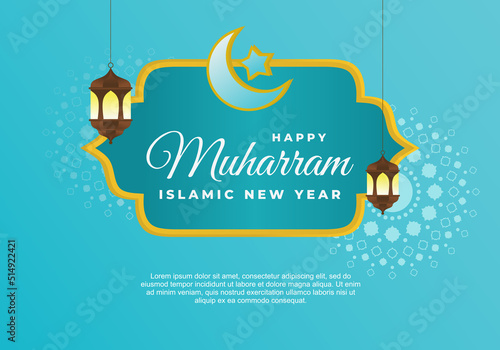 Islamic new year, happy muharram festival greeting card background with two lanterns, crescent and star on blue color.