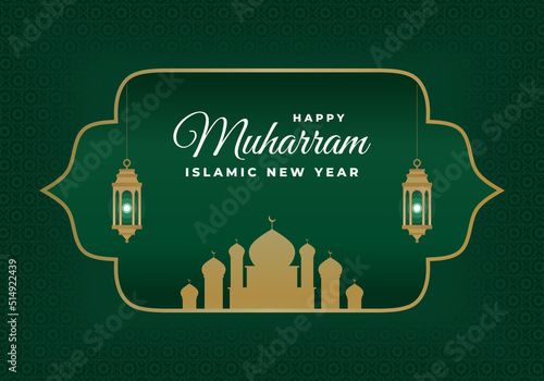 Islamic new year, happy muharram festival greeting card background with golden lanterns big mosque on green color.