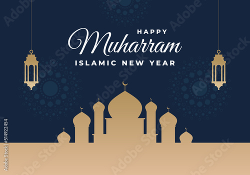 Islamic new year, happy muharram festival greeting card background with golden lanterns big mosque on blue color. photo