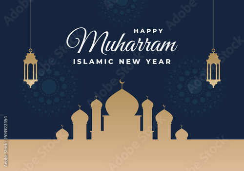 Islamic new year, happy muharram festival greeting card background with golden lanterns big mosque on blue color.