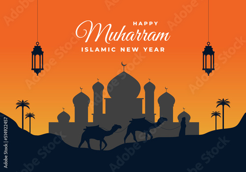 Islamic new year, happy muharram festival greeting card background with black lanterns, big mosque and camel on late afternoon desert.
