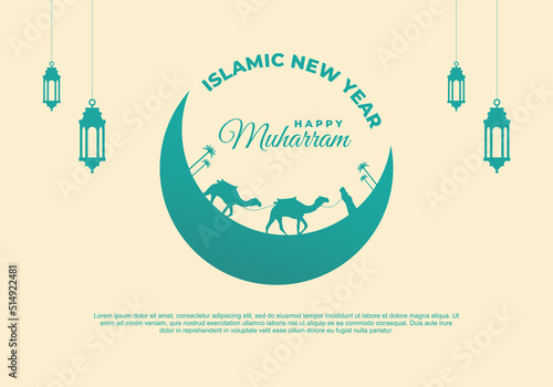 Islamic new year, happy muharram festival greeting card background with green lanterns, man camel on bright color. photo