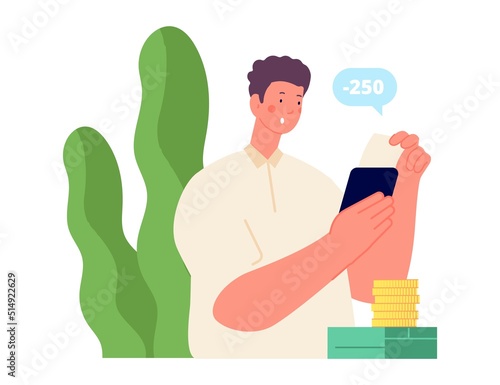 Man pay with smartphone. Surprised boy with receipt doing payment. Online buying, banking or financial vector concept with cartoon adult male character
