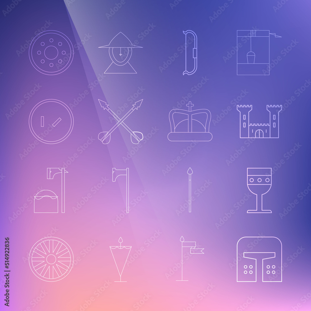 Set line Medieval iron helmet, goblet, Castle, bow, crossed arrows, Round wooden shield, and King crown icon. Vector Set line Medieval iron helmet, goblet, Castle, bow, crossed arrows, Round wooden shield, and King crown icon. Vector