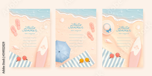 Set of poster, banner, cover or greeting card design template with realistic summer elements on a beach background. Vector illustration of umbrella, sunglasses, surfboard and flip flops