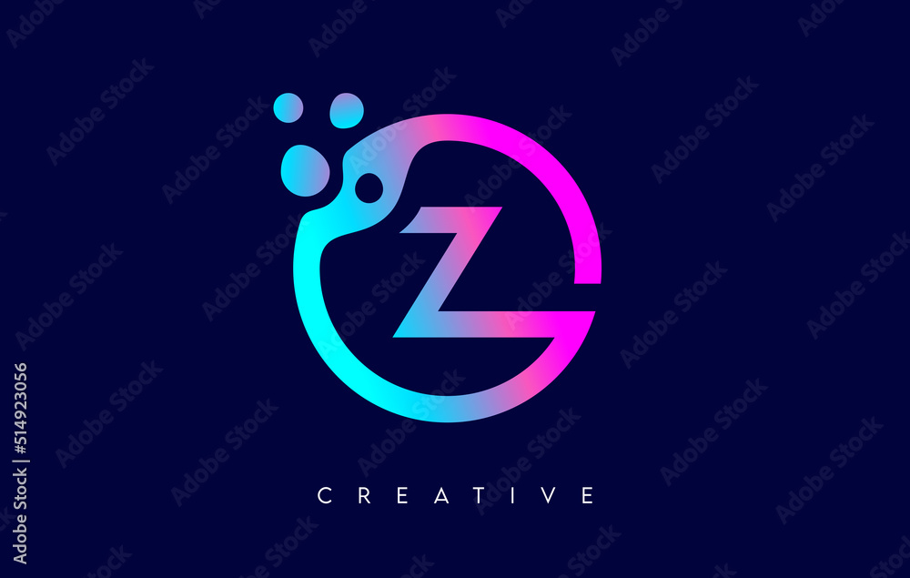 Letter Z Logo with Dots and Bubbles inside a Circular Shape in Purple Neon Colors Vector Letter Z Logo with Dots and Bubbles inside a Circular Shape in Purple Neon Colors Vector