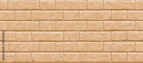 Beige brick wall seamless pattern background. Horizontal old seamless brown brick texture background. Light cartoon interior brick wall vector texture pattern illustration.