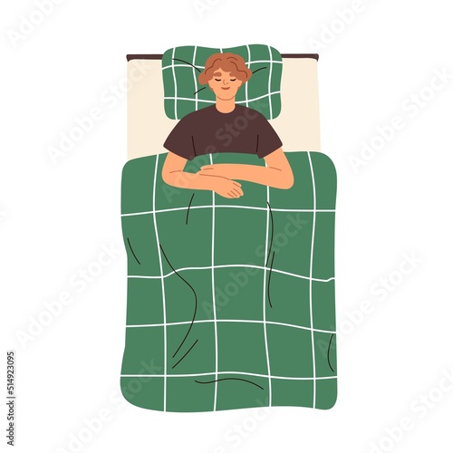 Person sleeping in bed with pillow and blanket. Man asleep alone, lying on back. Young smiling sleepy guy dreaming, relaxing, top view. Flat graphic vector illustration isolated on white background