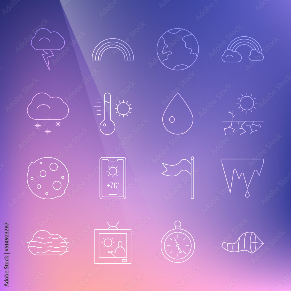 Set line Cone meteorology windsock wind vane, Icicle, Drought, Earth globe, Meteorology thermometer, Cloud with snow, Storm and Water drop icon. Vector Set line Cone meteorology windsock wind vane, Icicle, Drought, Earth globe, Meteorology thermometer, Cloud with snow, Storm and Water drop icon. Vector