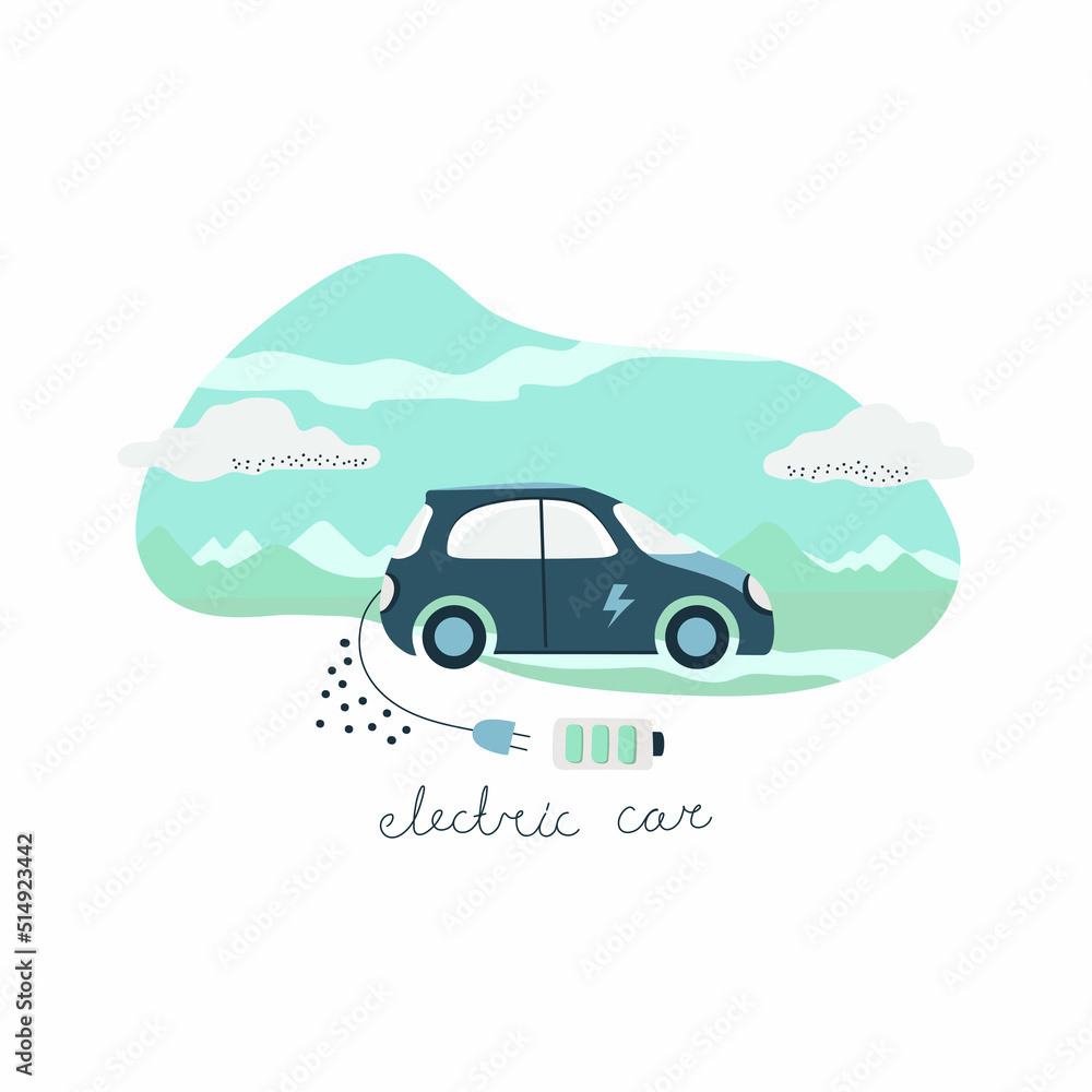 Electric car with plug charging symbol. The concept of an environmentally friendly car with a renewable energy source. Vector illustration.