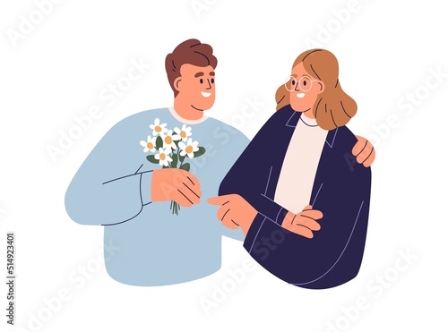 Love couple with flower bouquet gift. Happy man, woman with romantic floral bunch of wild chamomiles. Boyfriend, girlfriend and wildflowers posy. Flat vector illustration isolated on white background