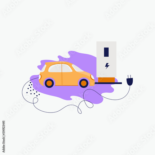Charging an electric car in a parking lot with a fast charging station. Ecological type of fuel without harm to the environment. Hand drawn vector illustration.