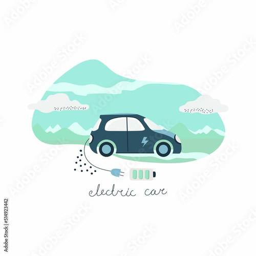 Electric car with plug charging symbol. The concept of an environmentally friendly car with a renewable energy source. Vector illustration.