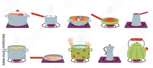 Cooking in pan. Pots and pans on gas stove or burner. Isolated hot cook kitchen process. Frying and boil in crockery, food in cookware decent vector set